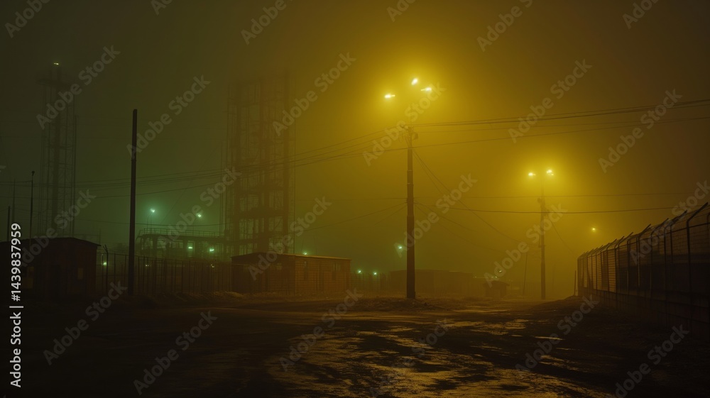 Heavy smog engulfs urban industrial area during nighttime, highlighting air pollution issues