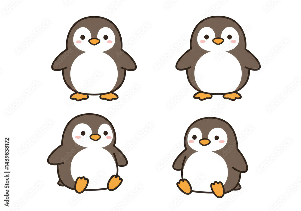 Fototapeta premium Four cute cartoon penguins set illustration for childrens books