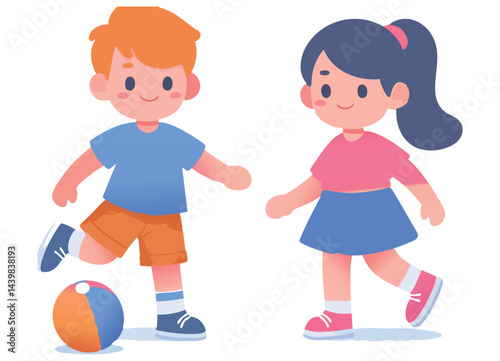 Two Kids Playing with Ball Cartoon Illustration Playtime Fun