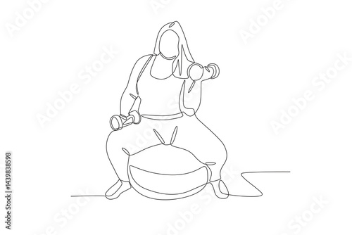 Fat woman lifting dumbbells on yoga balloon. Overweight woman fitness concept one-line drawing
