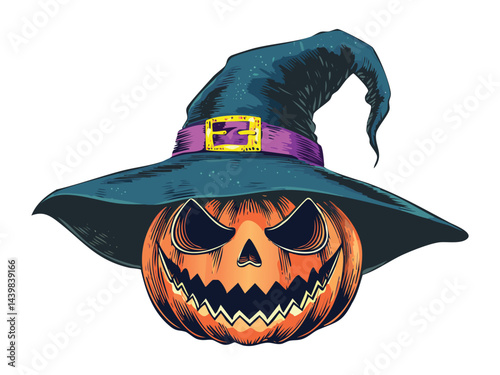Scary Pumpkin Face With Wizard Hat Drawing