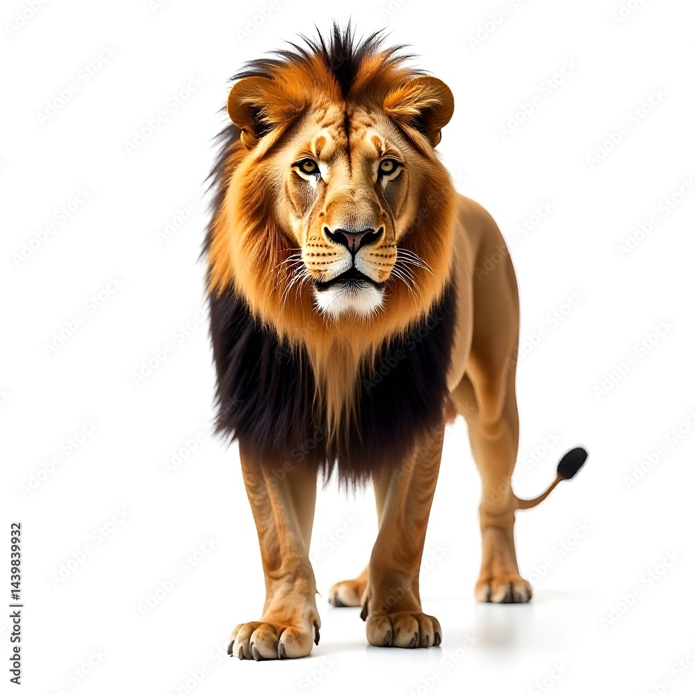 Obraz premium Majestic Male Lion Standing on White Background – Powerful Wild Animal Portrait for Wildlife and Nature Concepts.