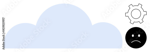 Large blue cloud with a gear symbol and sad face expressing challenges in cloud computing. Ideal for technology issues, troubleshooting, data reliability, system failure, emotional context