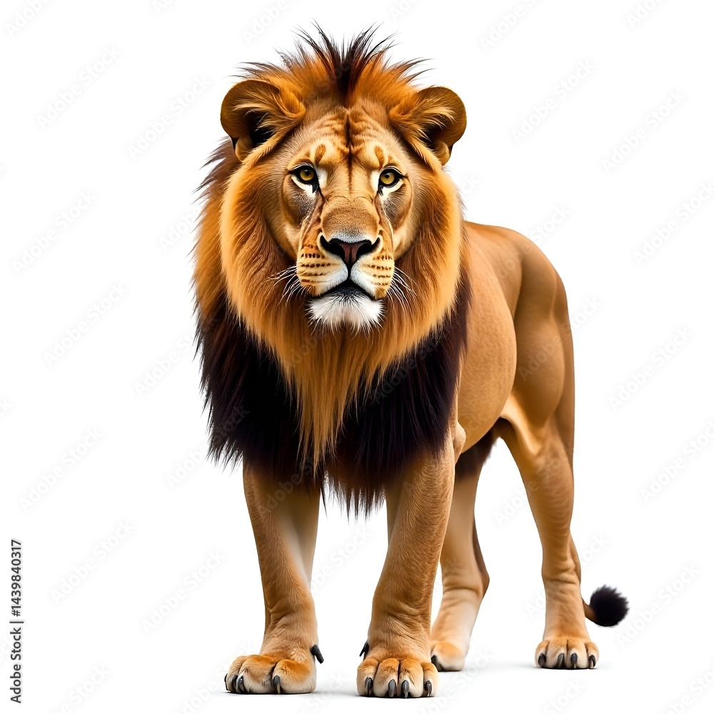 Fototapeta premium Majestic Male Lion Standing on White Background – Powerful Wild Animal Portrait for Wildlife and Nature Concepts.