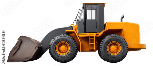 Side view of a yellow and black construction bulldozer with large wheels and a front loader bucket.