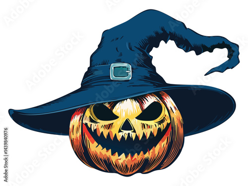 Halloween Pumpkin With Creepy Wizard Hat Design