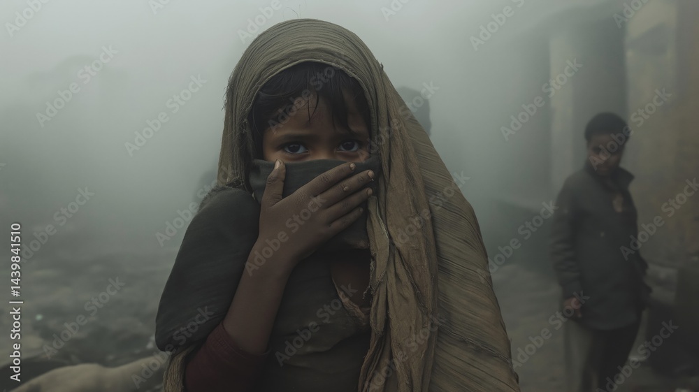 Children struggling to breathe in smog-filled urban environment during industrial activity