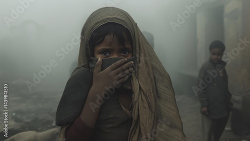 Obraz na płótnie Children struggling to breathe in smog-filled urban environment during industrial activity w salonie