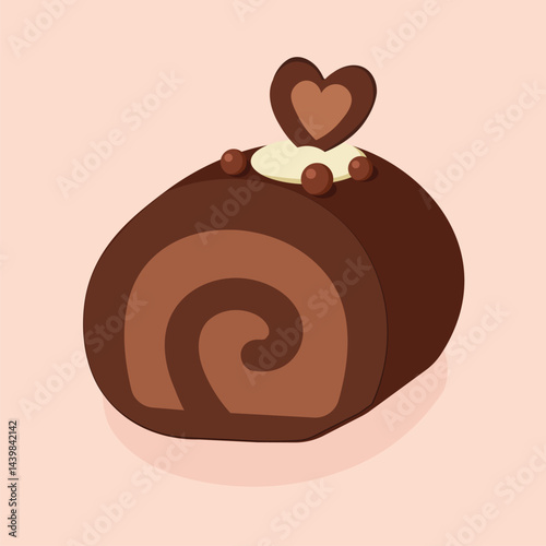 Vector Illustration of Chocolate Swiss Roll Cake with Cream Filling and Heart Decoration