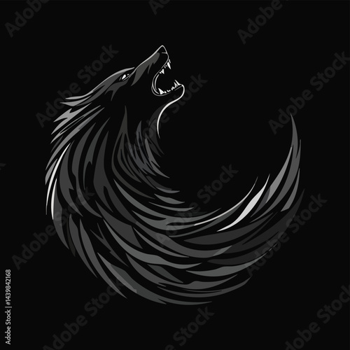 ai174581757815_3.epsA stylish, artistic design of a wolf howling, shaped like a crescent moon. The artwork uses dark black and grey tones, giving a powerful and mysterious feel.