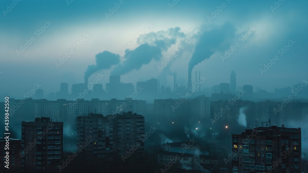 Urban skyline shrouded in toxic air pollution from industrial smokestacks at dusk