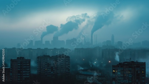 Obraz na płótnie Urban skyline shrouded in toxic air pollution from industrial smokestacks at dusk w salonie