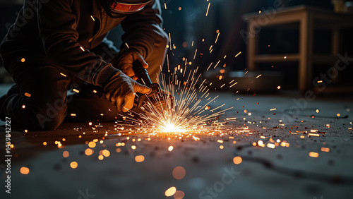 Welder Using Angle Grinder with Sparks
