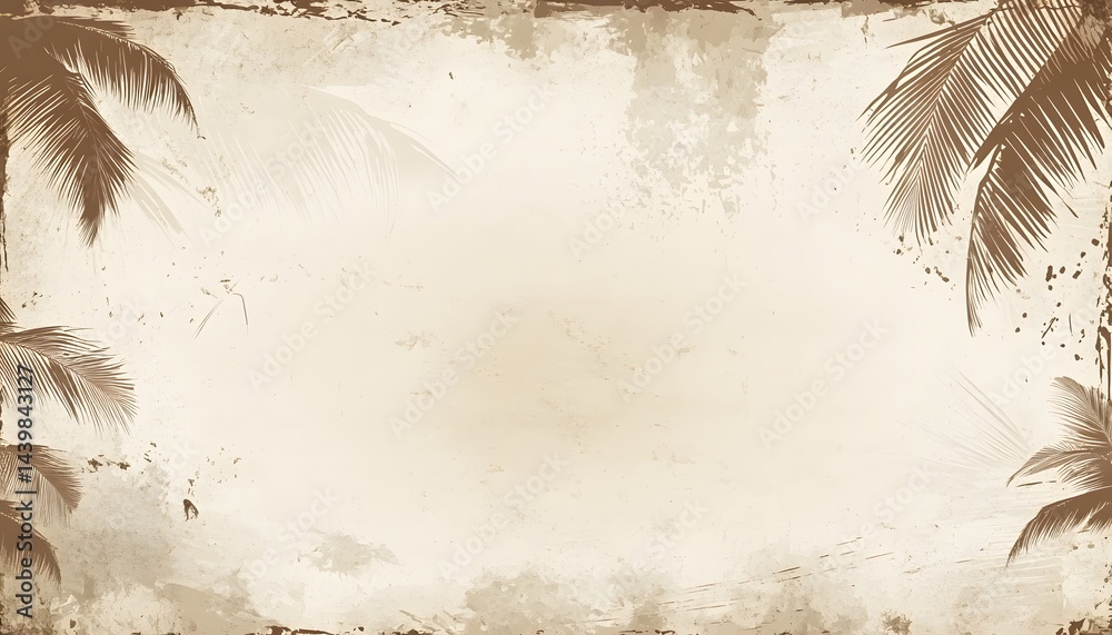 Sepia toned image shows palm trees and distressed background design