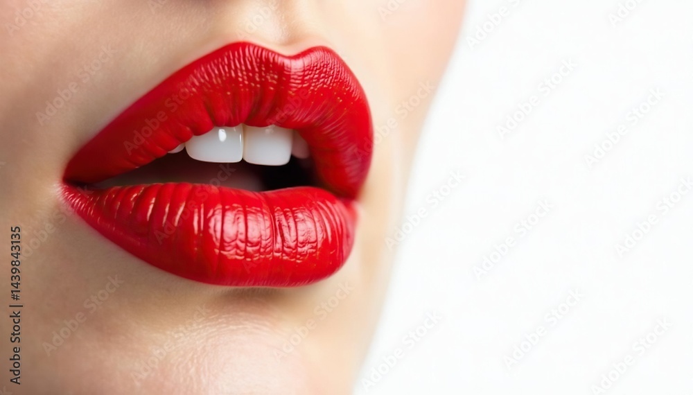 Obraz premium Close-up vibrant red lipstick, stark white backdrop, graphic, clean, lip