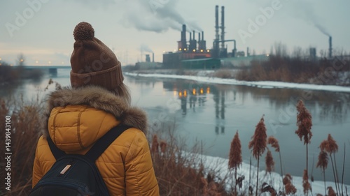 Obraz na płótnie Observing industrial emissions along a river in a polluted urban environment during twilight hours w salonie