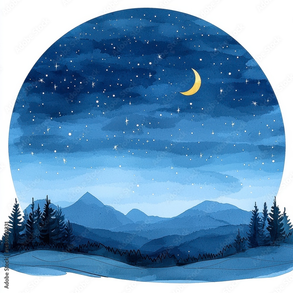 Fototapeta premium Nocturnal Mountain Range Watercolor Painting with Crescent Moon and Stars