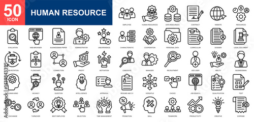Human Resource icon set collection. Data management, businessman, market research, employee, development icon. Simple line vector.