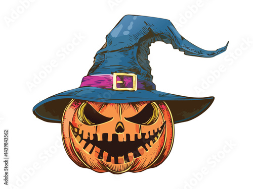 Evil Smiling Pumpkin With Magic Hat Illustration