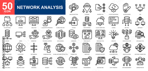 Network Analysis icon set collection. Cloud compunting, seo and web, data management, market research, digital service icon. Simple line vector.