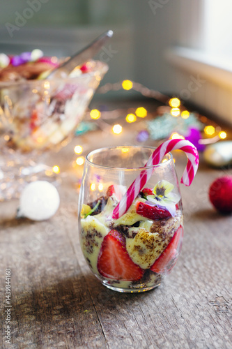 trifle in a glass with candy cane
