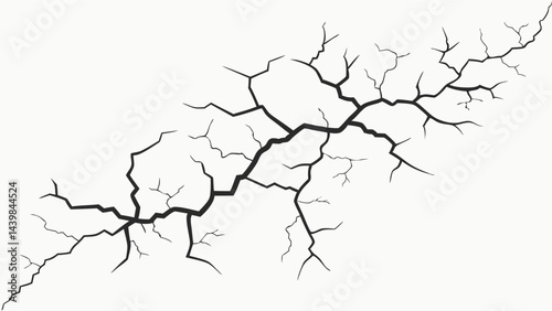 Surface cracks and fissures in ground, concrete, crevices from disaster top view. Breaks on land surface from earthquake isolated on white background. 