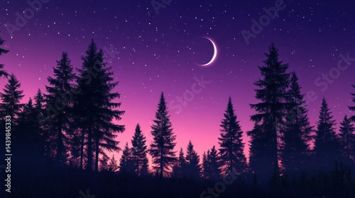 Silhouettes of evergreen trees against a vibrant night sky with a crescent moon