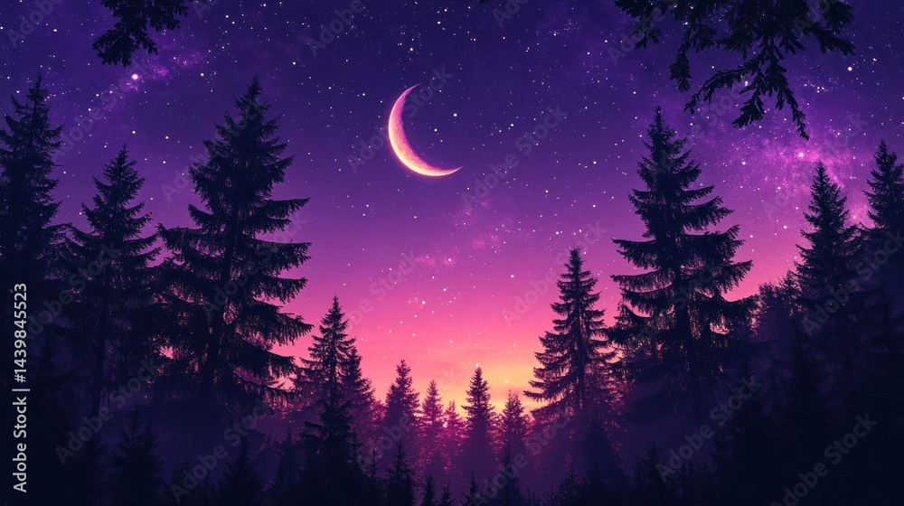 Naklejka premium Mystical forest at night under a crescent moon