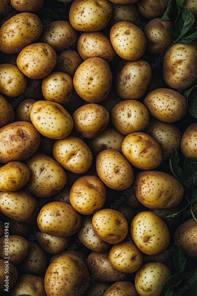 Freshly harvested potatoes spread across a surface with green leaves on the side in a natural setting Freshly harvested potatoes spread across a surface with green leaves on the side in a natural setting