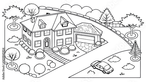 Top view landscape design plan with house, courtyard, lawn. Black and white highly detailed plan of country with modern cottage, villa with garden. 