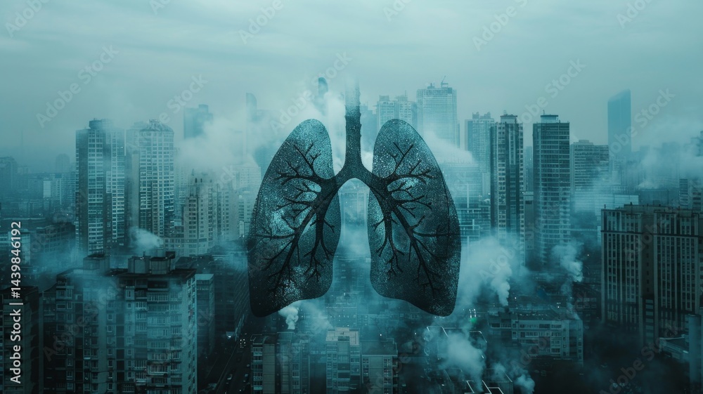 Urban skyline shrouded in smog reflecting the impact of pollution on health and environment