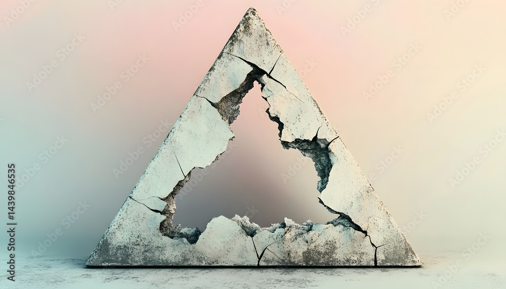 A crumbling triangular structure with visible cracks and a hole
