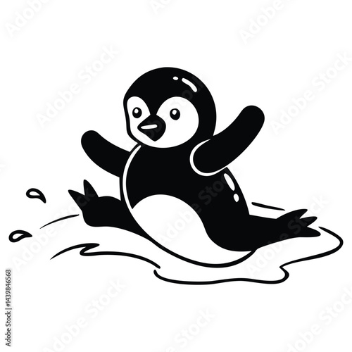 A cheerful penguin is joyfully sliding with outstretched wings; the background is transparent