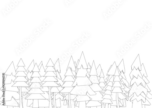 A forest of trees is drawn in black and white. The trees are all different sizes and are scattered throughout the image. Scene is peaceful and serene, as the trees are the main focus