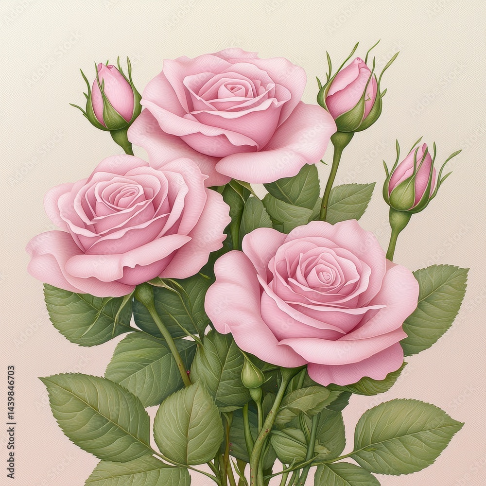 Naklejka premium Pale Pink Roses Bouquet Close Up Detailed Illustration