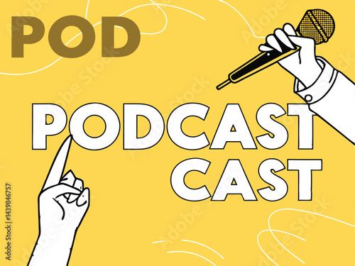 Trendy Halftone Collage Podcast broadcast. Hand holding studio microphone. Talk show and interview. Online radio news. Soundcheck concept. Streaming service. Contemporary vector illustration art