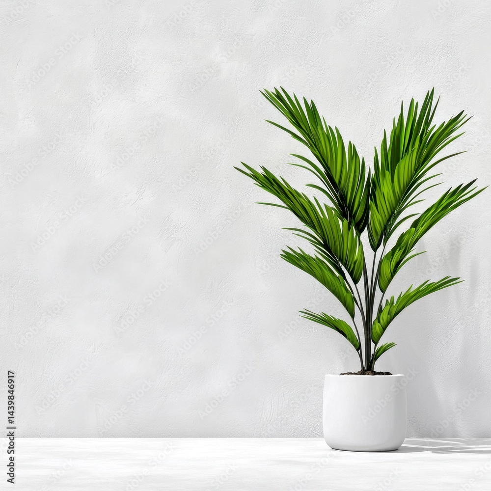 Fototapeta premium Palm Tree in White Pot Against Textured White Wall Minimalist Interior Design