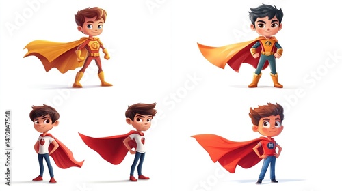 Four cute cartoon boys in superhero costumes and capes.