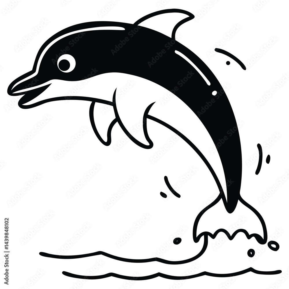 Obraz premium Bold black outline captures the dolphin leaping gracefully from the simplified ocean waves