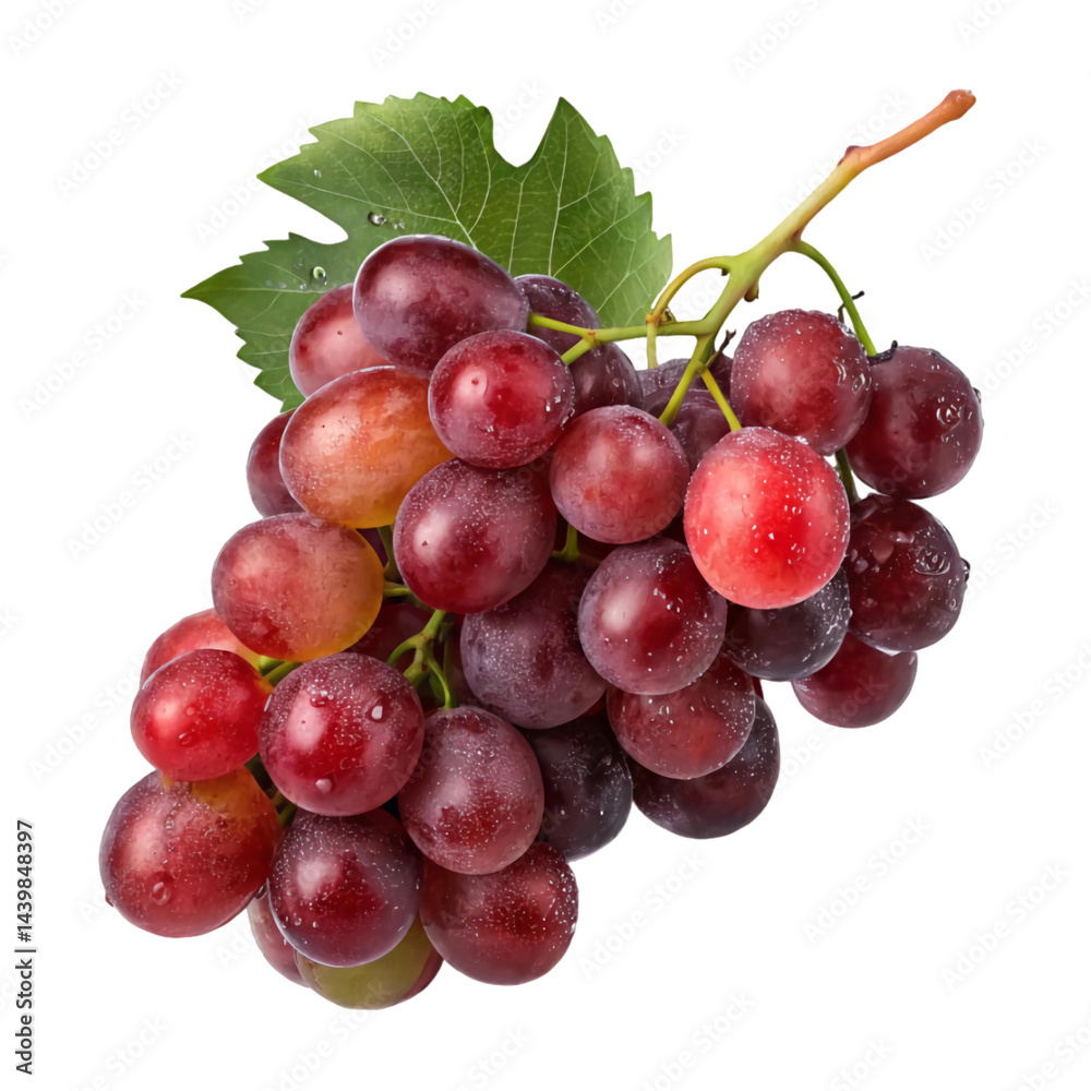 Fototapeta premium Fresh cluster of red grapes with a green leaf, isolated on a transparent background (PNG).