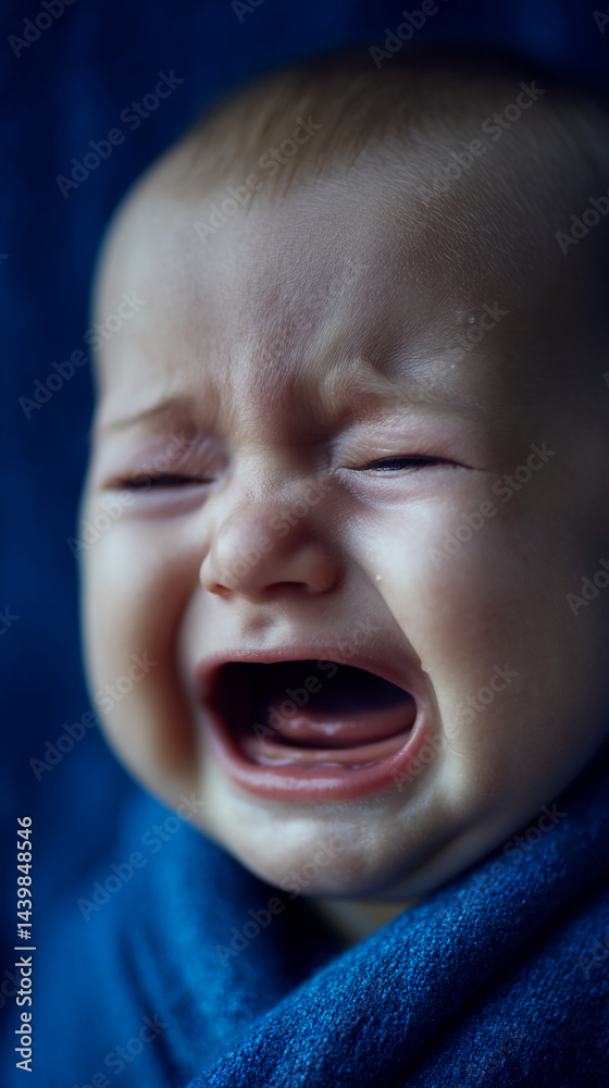 Close-up of a crying baby's face, showing tears and open mouth.  The baby is wrapped in blue fabric, conveying vulnerability and emotion.