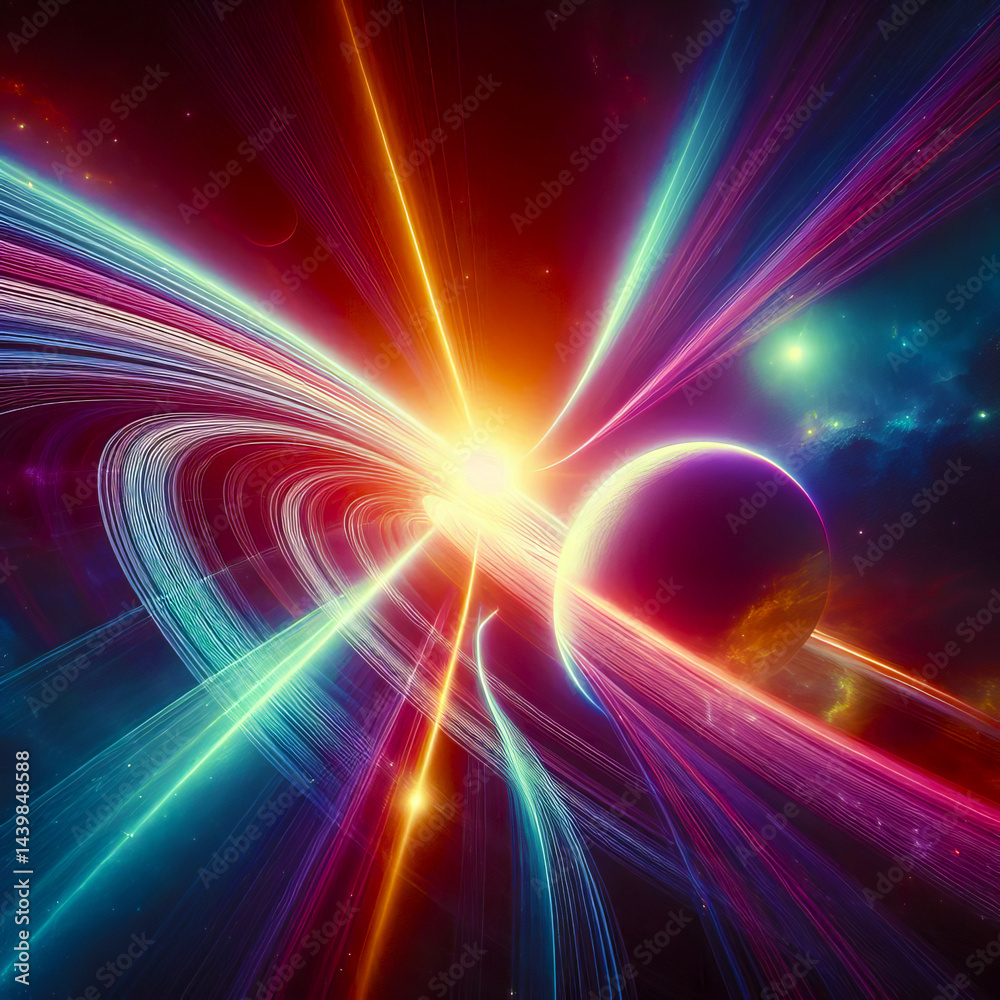 Obraz premium Sunlight through planetary rings creating space rainbow 