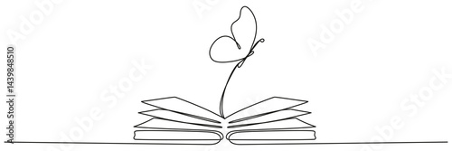 Flying butterfly with open book continuous one line drawn. Magic story concept. Vector illustration isolated on white.