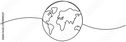 Earth globe continuous line drawing symbol. World map one line art. Vector illustration isolated on white background.