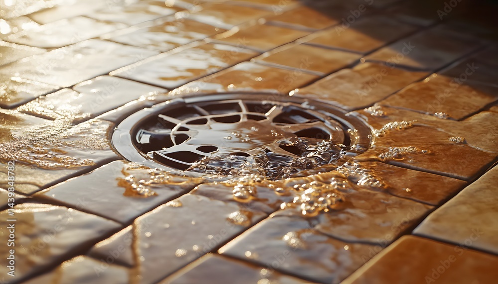 Water flowing into a drain on a tiled shower floor