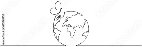 Earth globe with flying butterfly continuous line drawing symbol. World map one line art. Springtime concept. Vector illustration isolated on white background.