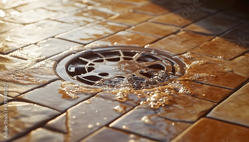 Obraz na płótnie Water flowing into a drain on a tiled shower floor w salonie