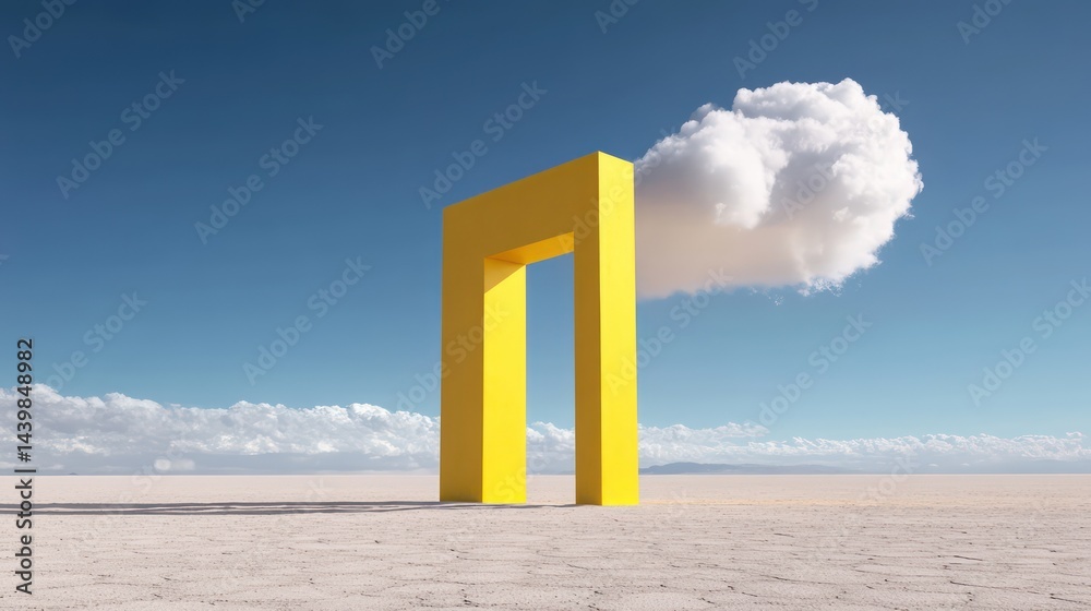 Abstract yellow archway structure with floating cloud Abstract yellow archway structure with floating cloud