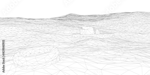 Wireframe of a wavy sea with waves, a ship and a lifebuoy. 3D