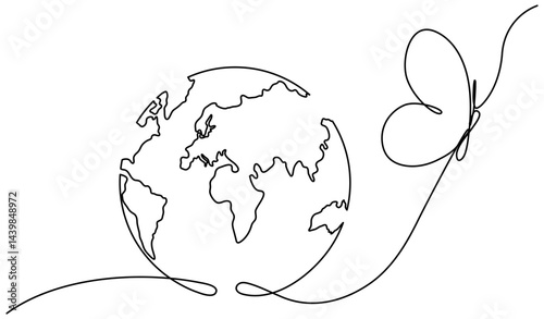 Earth globe with flying butterfly continuous line drawing symbol. World map one line art. Springtime concept. Vector illustration isolated on white background.